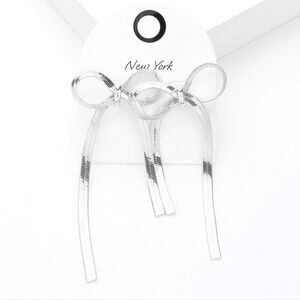 Silver Snake Chain Dangle Bow Earrings 3.5" Metal Ribbon Statement Jewelry